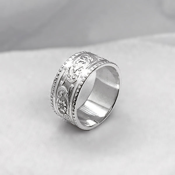 Band- Wide Floral Patterned Millgrain Ring Sterling Silver Stackable