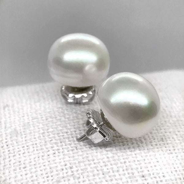 Large White AAA Grade Fresh Water Pearl Sterling Silver Stud Earrings