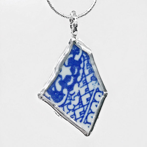 Beach Glass Pottery Asian Blue & White Pattern Sterling Silver Necklace