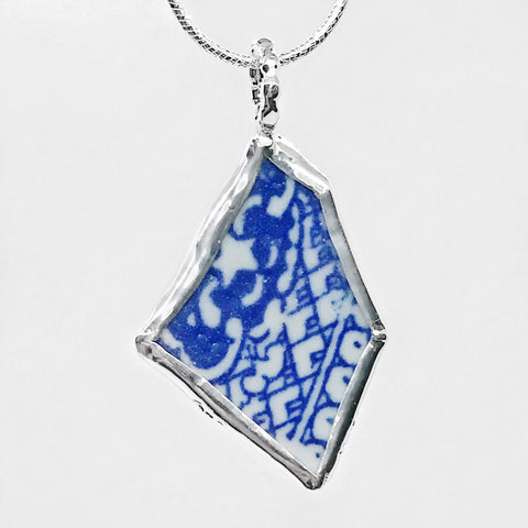 Beach Glass Pottery Asian Blue & White Pattern Sterling Silver Necklace