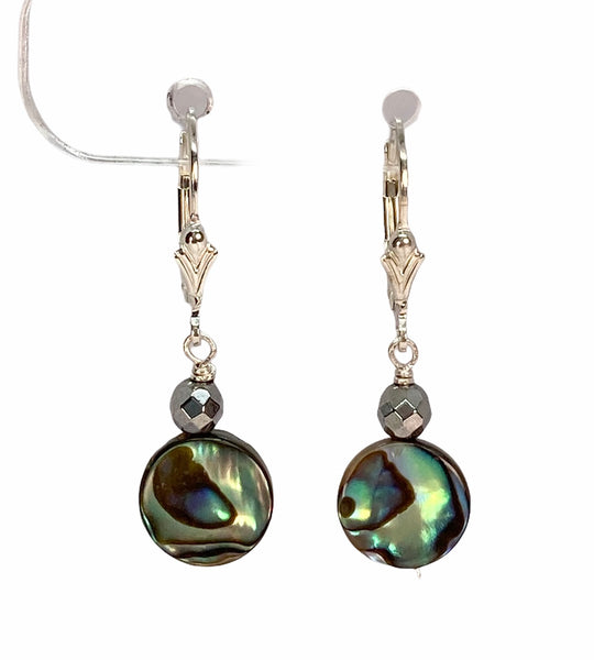 Abalone Shell, Hematite and Sterling Silver Dangle Earrings