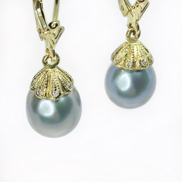 Pearl Dangle Grey 14K Yellow Gold Lab Diamond Earrings