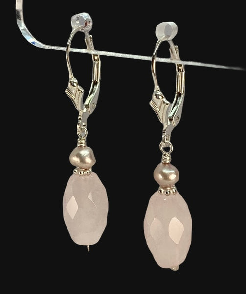 Rose Quartz, Pink Pearl and Sterling Silver Earrings