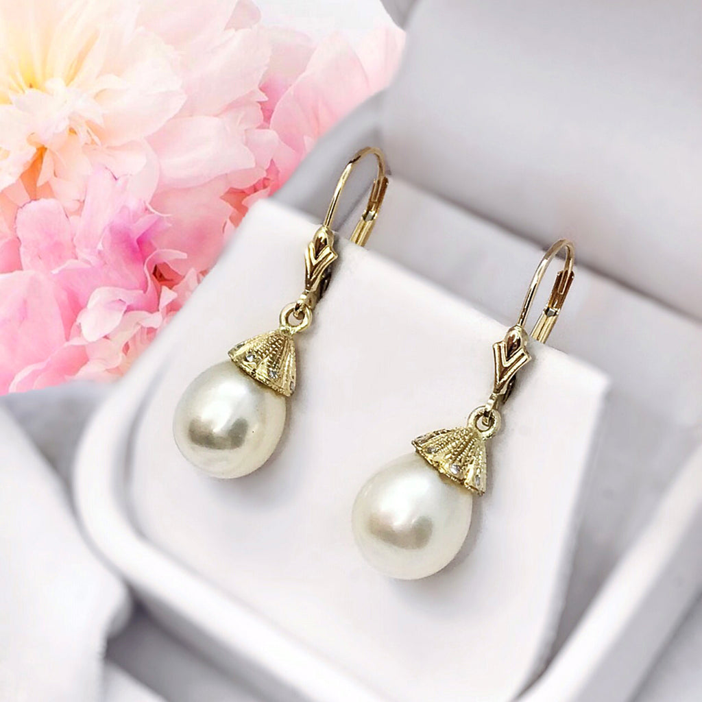 Pearl Dangle White 14K Yellow Gold Lab Diamond Earrings