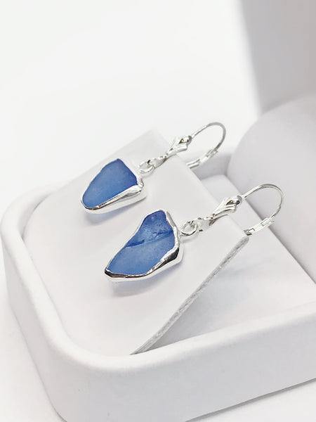 Beach Glass Blue Cobalt Sterling Silver Dangle Earrings