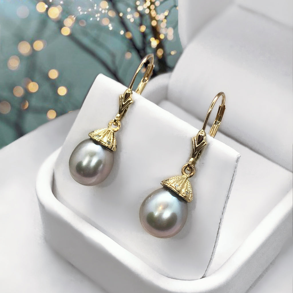 Pearl Dangle Grey 14K Yellow Gold Lab Diamond Earrings