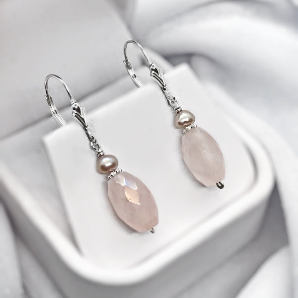 Rose Quartz, Pink Pearl and Sterling Silver Earrings