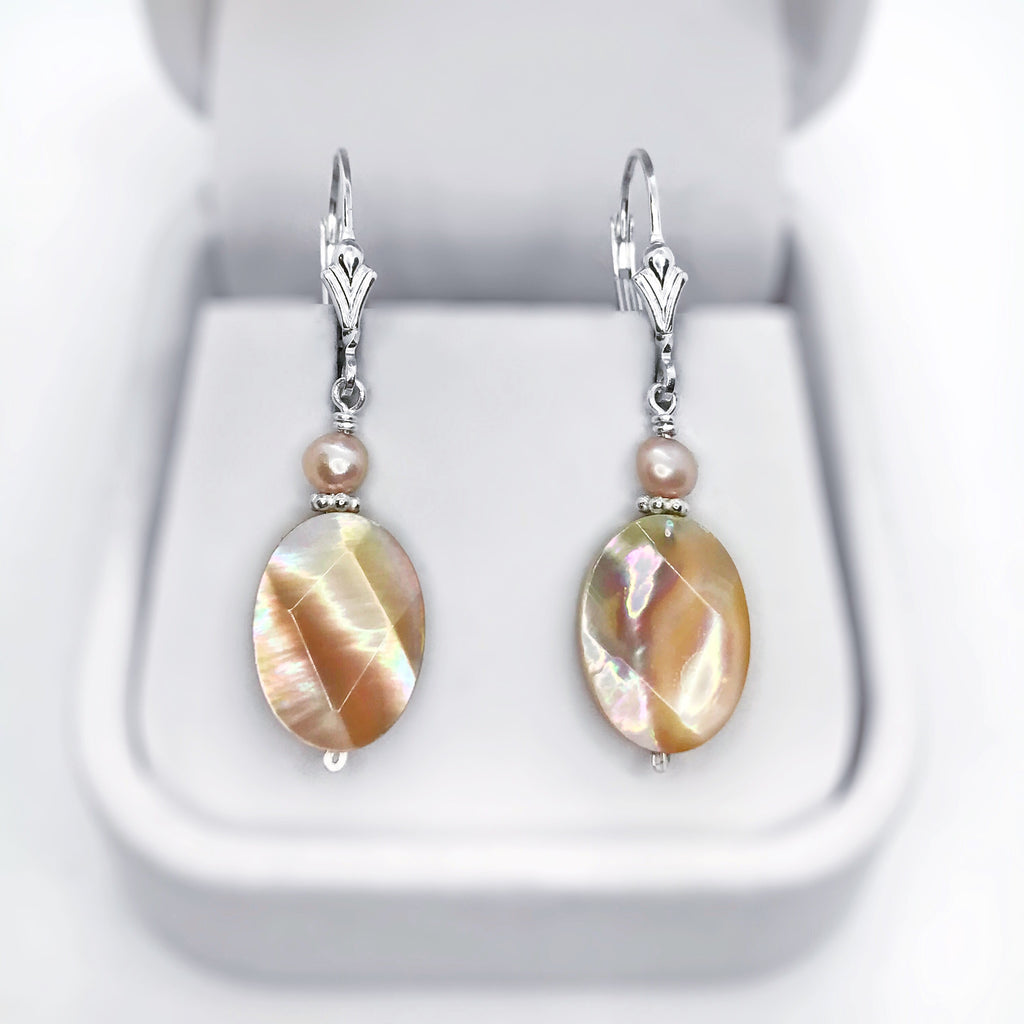 Shell, Pink Pearl and Sterling Silver Dangle Earrings