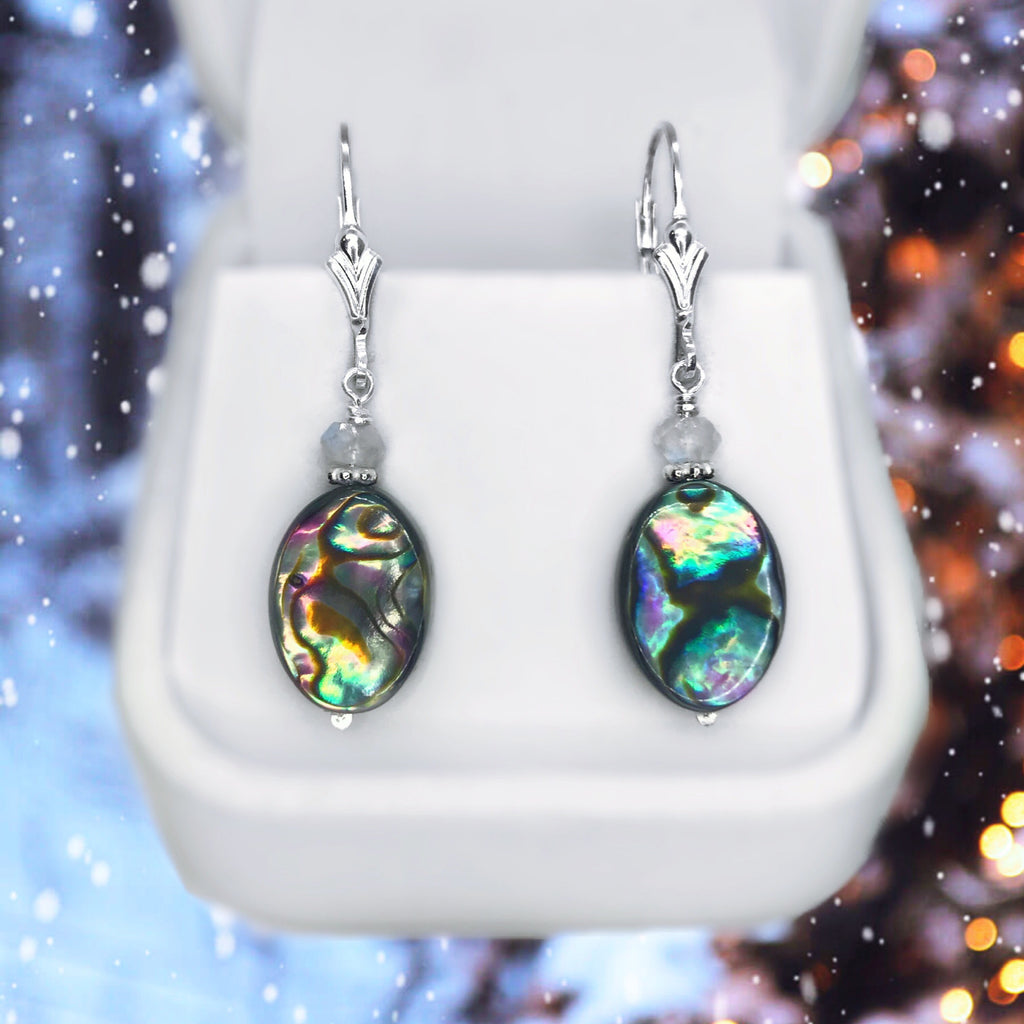 Abalone Shell, Moonstone and Sterling Silver Dangle Earrings
