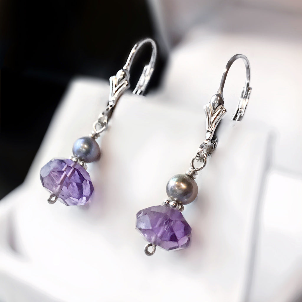 Amethyst, Grey/Purple Freshwater Pearl and Sterling Silver Dangle Earrings