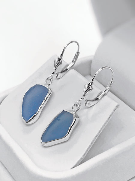 Beach Glass Cornflower Blue Sterling Silver Dangle Earrings