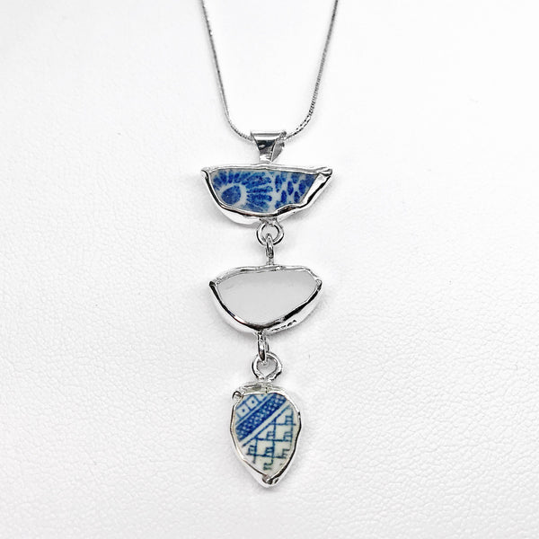 Beach Glass Pottery Asian Blue & White Pattern Necklace
