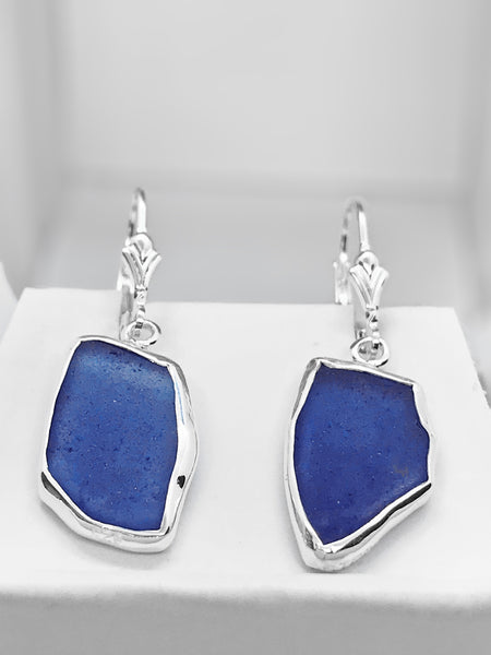 Beach Glass Dark Blue Cobalt Sterling Silver Dangle Earrings