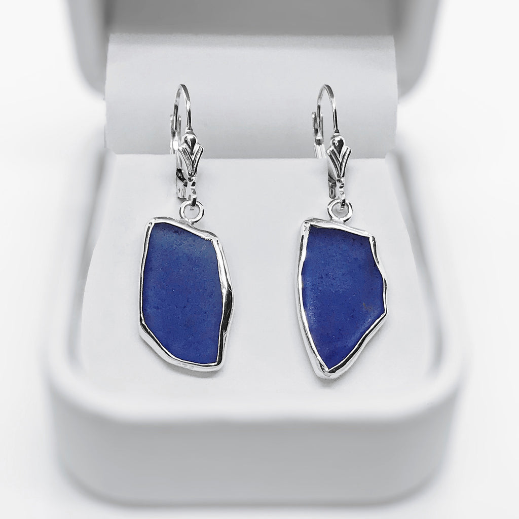Beach Glass Dark Blue Cobalt Sterling Silver Dangle Earrings