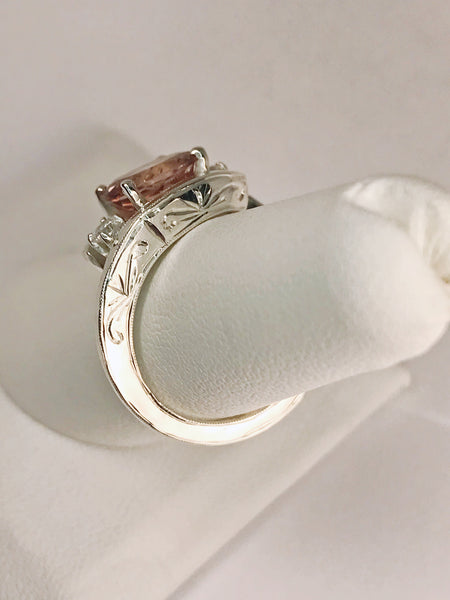 Genuine Pink Tourmaline, CZ and Sterling Silver Hand Engraved Ring