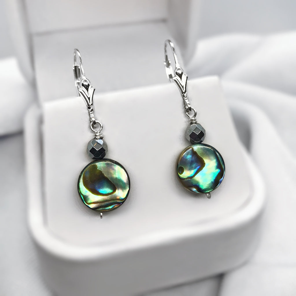 Abalone Shell, Hematite and Sterling Silver Dangle Earrings