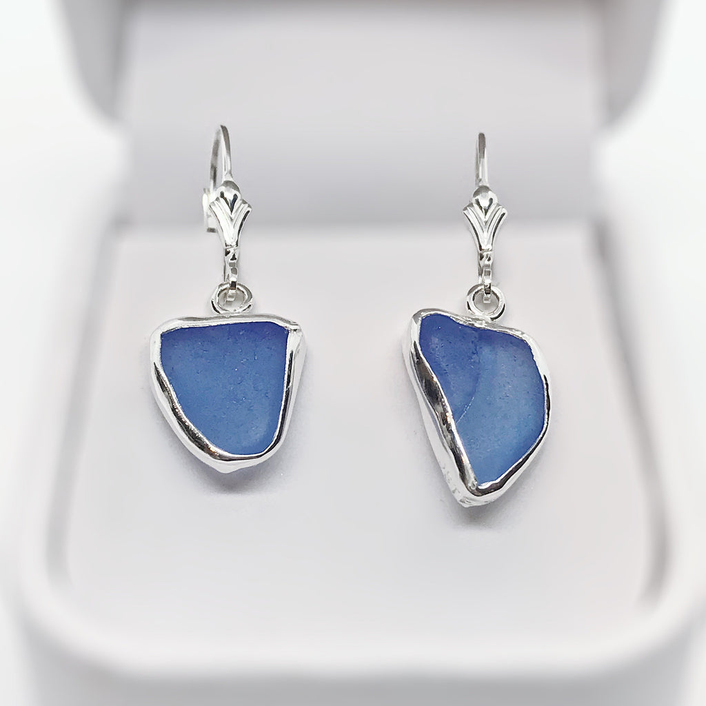 Beach Glass Blue Cobalt Sterling Silver Dangle Earrings
