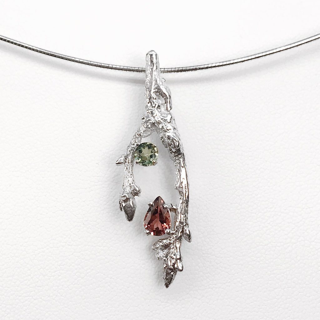 "Branches" Solid Sterling Silver Branch Tourmaline and Diamond Necklace