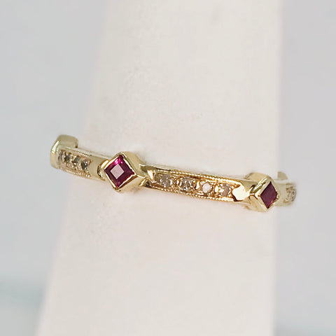 Square Genuine Ruby and Diamond Stackable 14k Yellow Gold Ring