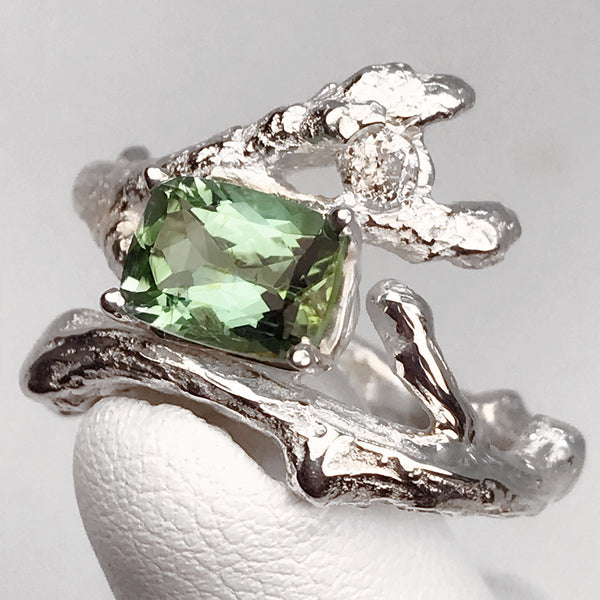 "Branches" Solid Sterling Silver Genuine Teal Tourmaline and Genuine Vintage Diamond Ring