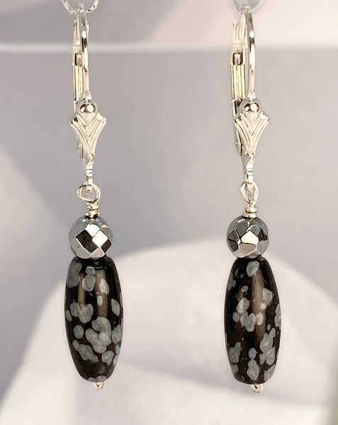 Snowflake Obsidian, Hematite and Sterling Silver Dangle Earrings