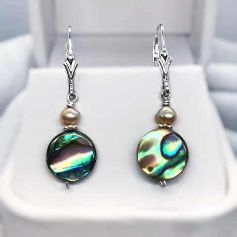Abalone Shell, Pink Pearl and Sterling Silver Dangle Earrings