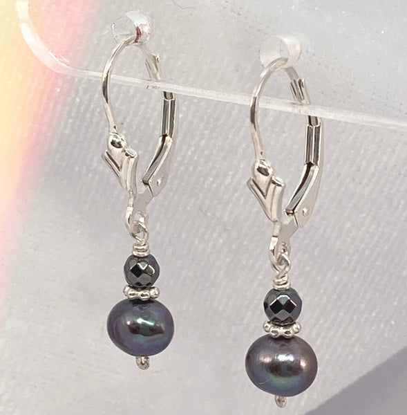Pearl and Hematite Sterling Silver Earrings