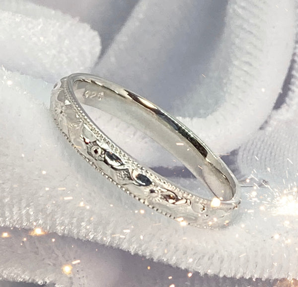 Band- Floral Patterned Millgrain Ring Sterling Silver Stackable