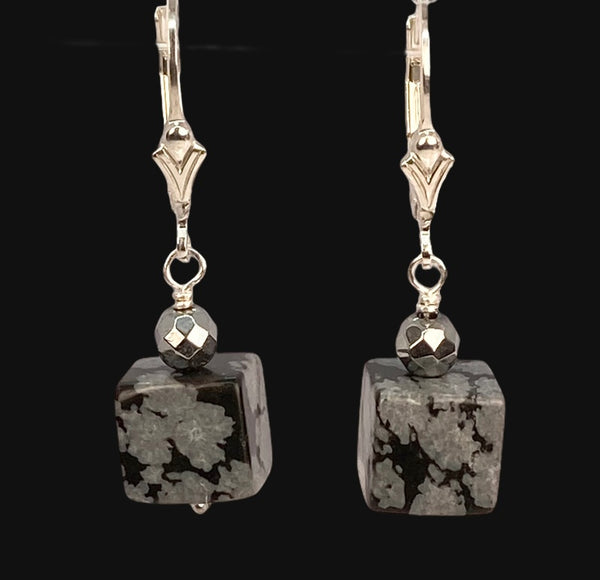 Snowflake Obsidian (Square), Hematite and Sterling Silver Dangle Earrings