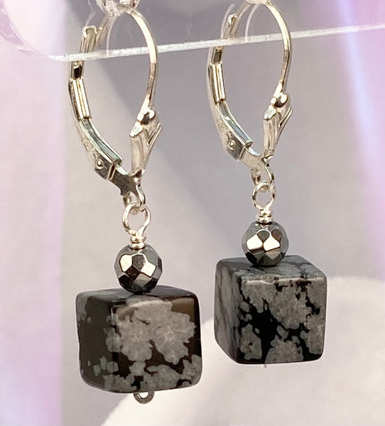 Snowflake Obsidian (Square), Hematite and Sterling Silver Dangle Earrings
