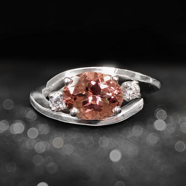 Genuine Pink Tourmaline, CZ and Sterling Silver Hand Engraved Ring