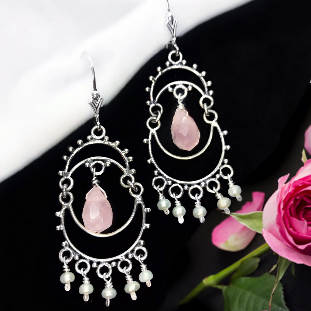 Rose Quartz, White Fresh Water Pearl & Sterling Silver Chandelier