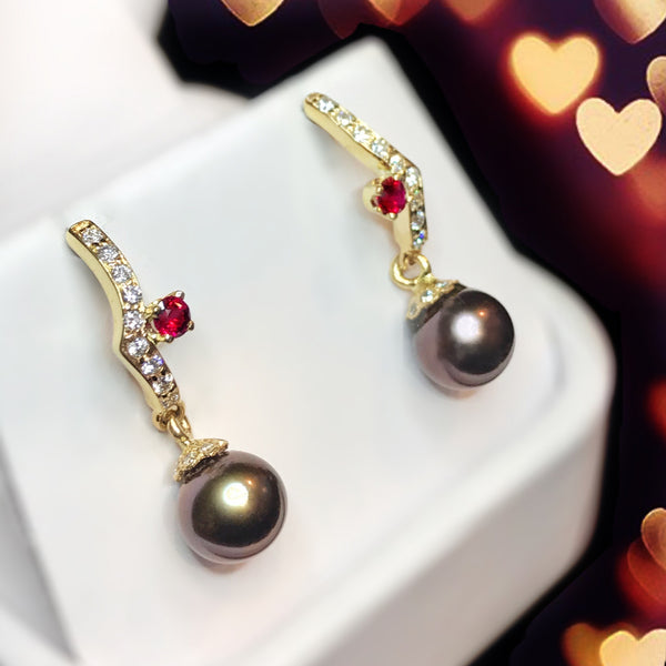 Genuine Diamond, Pigeon Blood Red and Black/Plum Pearl 14k Yellow Gold Earrings