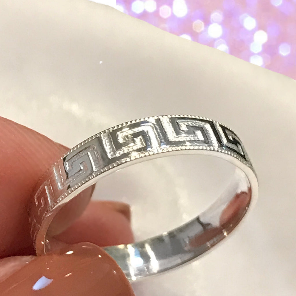 Band- Greek Key Patterned Ring Sterling Silver Stackable