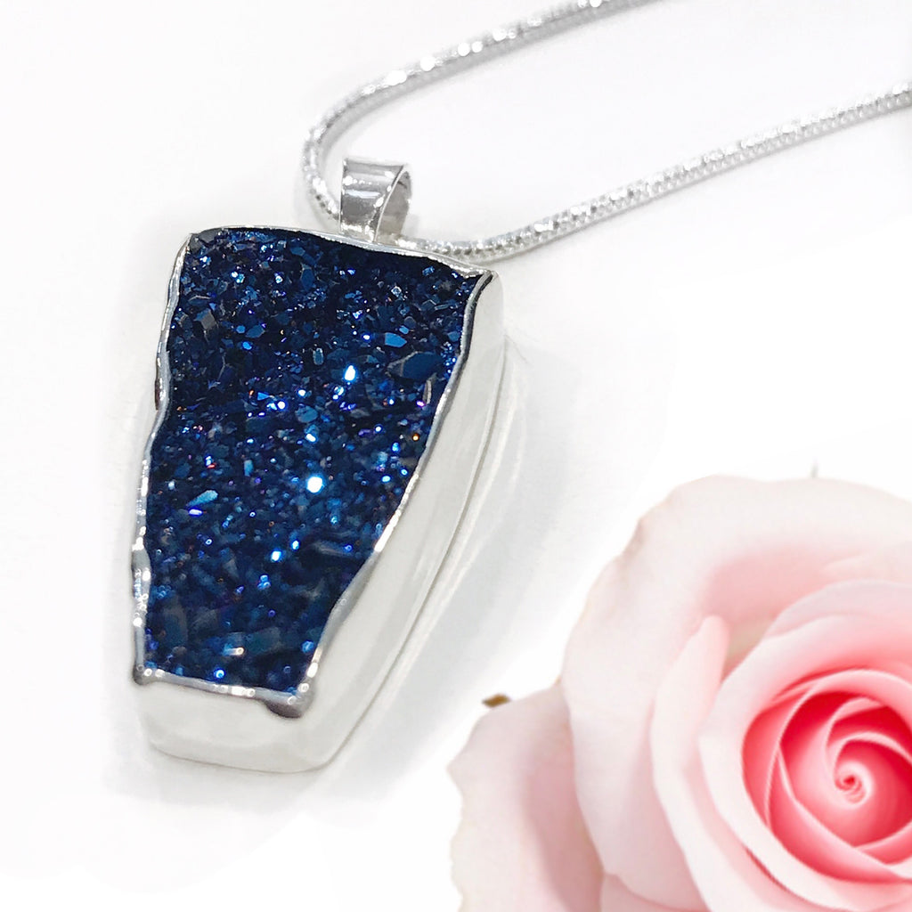 Druzy Royal Blue with Wine Colored Accents Sterling Silver Necklace